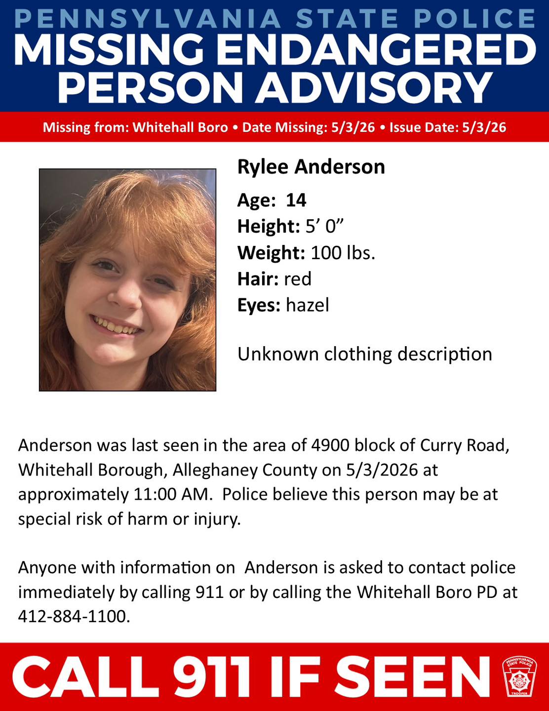 Rylee Anderson Whitehall Borough, PA Missing - Urgent Search Underway Amid Safety Concerns